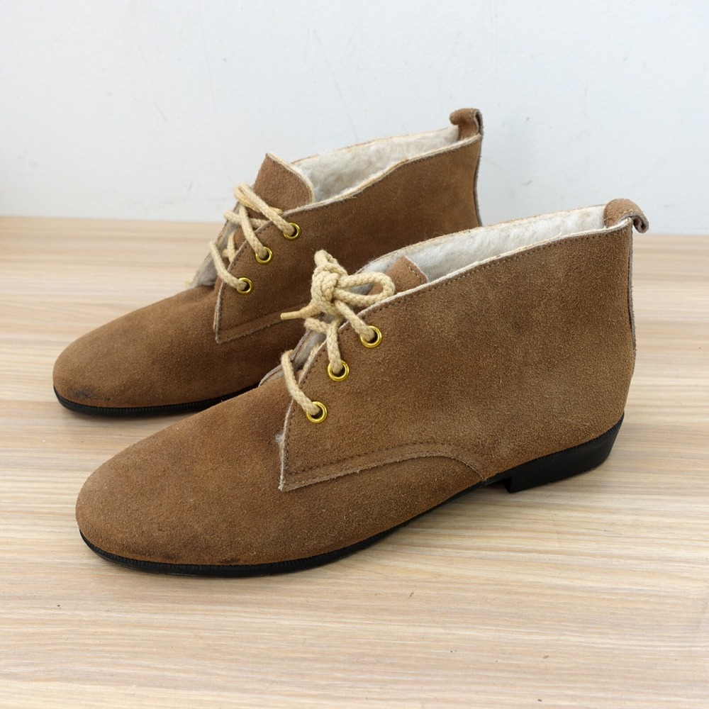 Shearling Ankle Boots 8 Camel Brown Suede Wool Fleece Booties Green OUTDORABLES‎